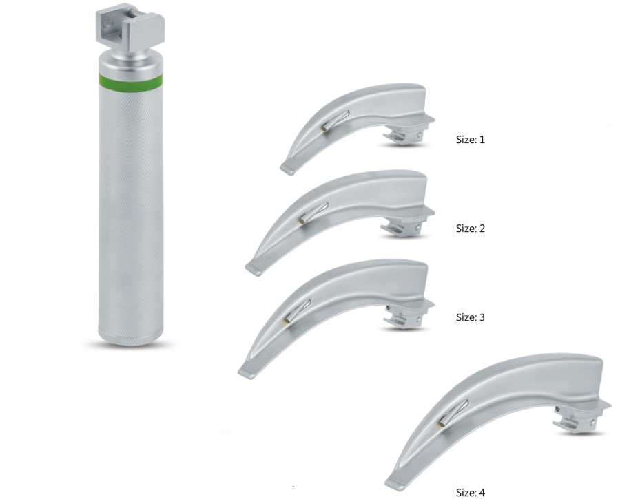 Laryngoscope set, fiber optic illumination with four blades size 1,2,3,4 and adult handle 21-200-41